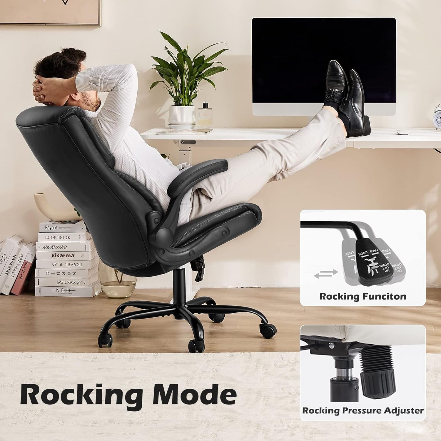 Yangming Executive Office Chair with Flip-up Arms, Ergonomic Back Support, High Back,  PU Leather 300lbs, Black