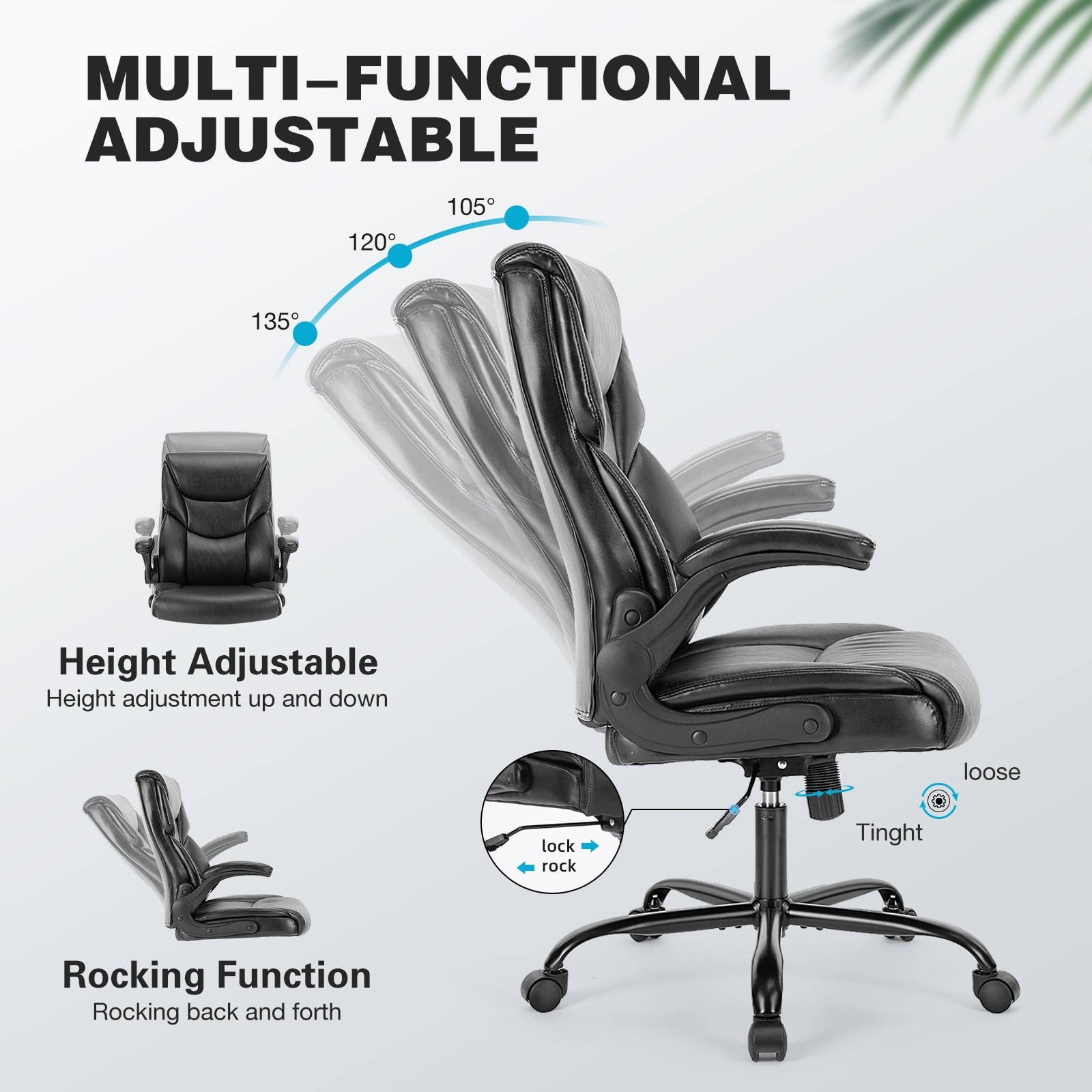 Yangming Executive Office Chair with Flip-up Arms, Ergonomic Back Support, High Back,  PU Leather 300lbs, Black