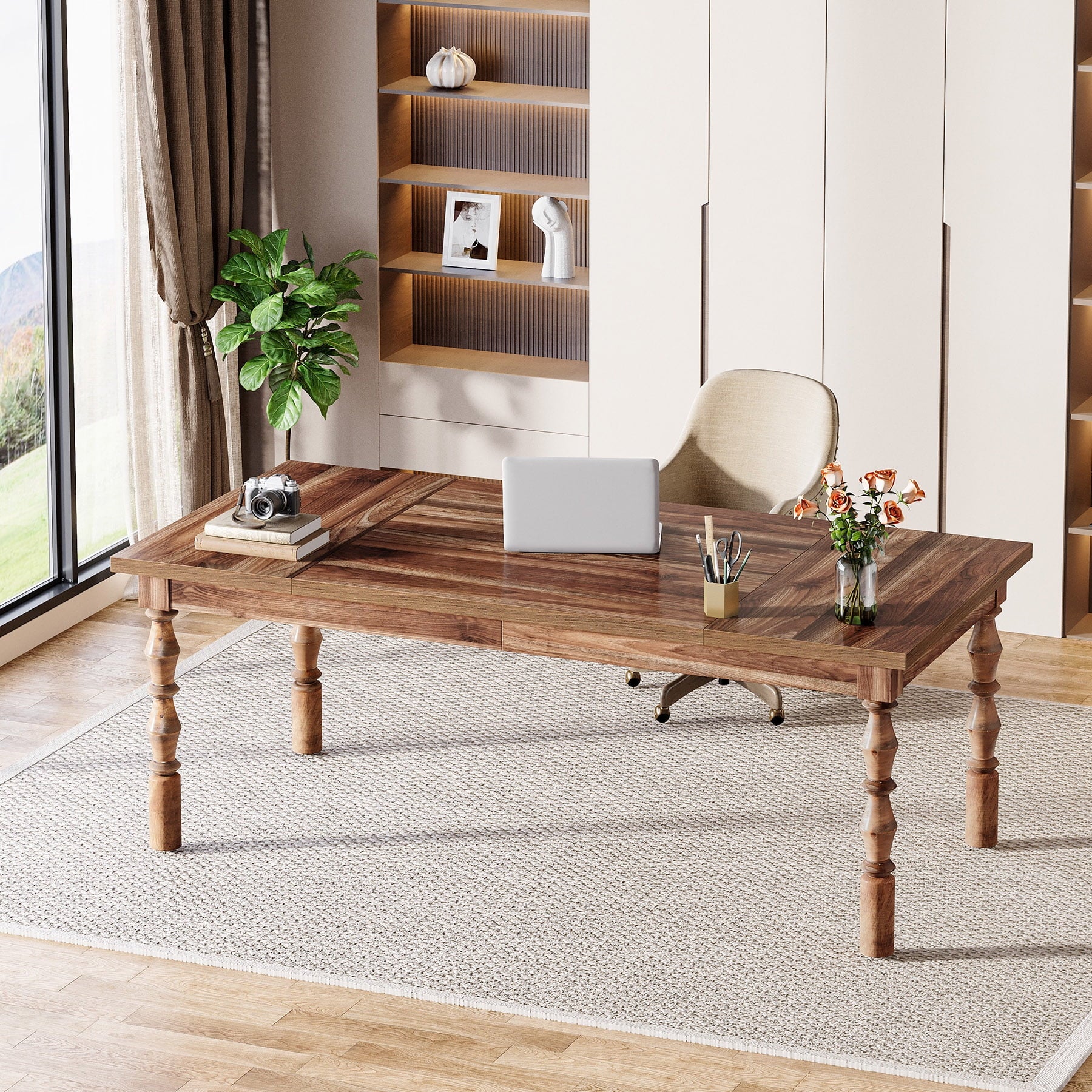 Tribesigns 62.2-Inch Large Wood Executive Desk, Farmhouse Style Writing/Study Table, Business Office Workstation Furniture with Carved Turned Legs, Walnut