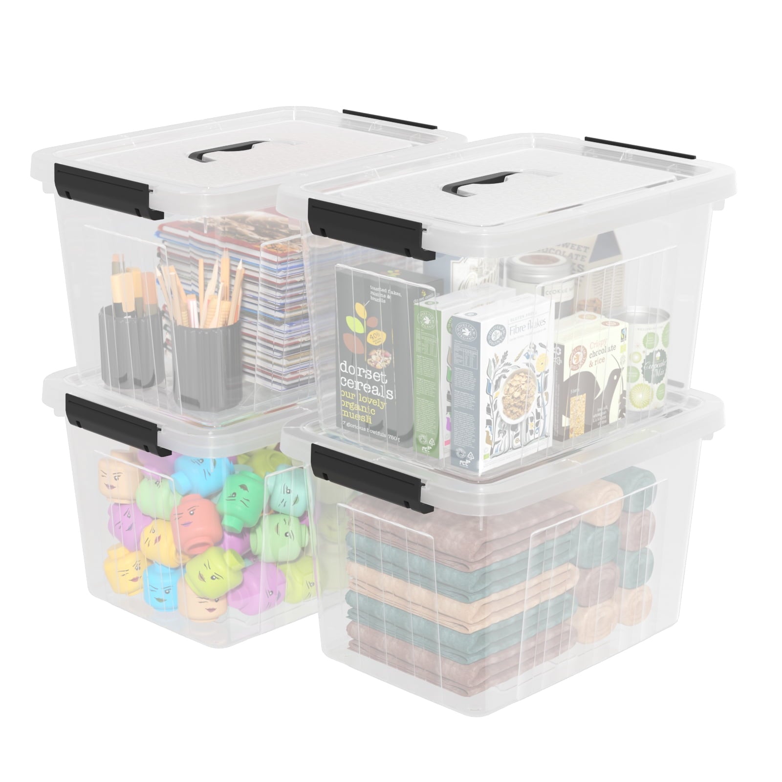 Ponpong 18L Large Plastic Storage Box, Clear Plastic Latch Box, 4 Pack