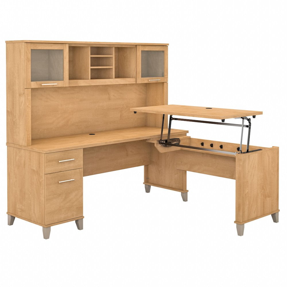 Somerset 72W Sit Stand L Desk with Hutch in Maple Cross - Engineered Wood