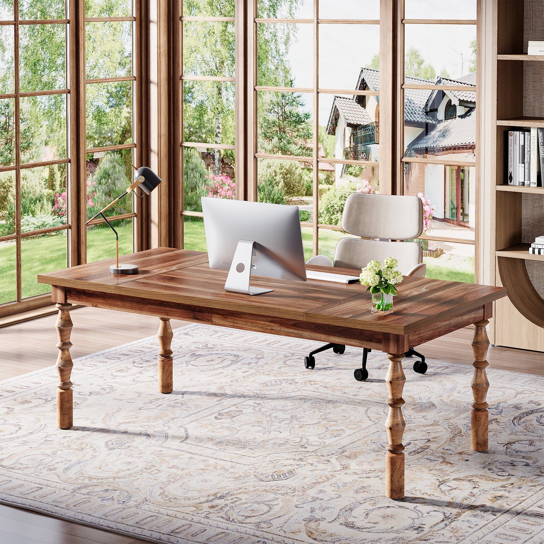 Tribesigns 62.2-Inch Large Wood Executive Desk, Farmhouse Style Writing/Study Table, Business Office Workstation Furniture with Carved Turned Legs, Walnut