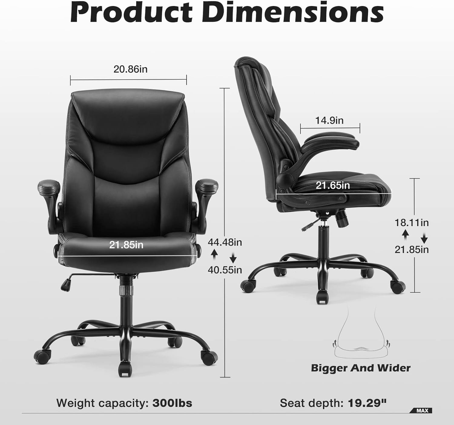 Yangming Executive Office Chair with Flip-up Arms, Ergonomic Back Support, High Back,  PU Leather 300lbs, Black