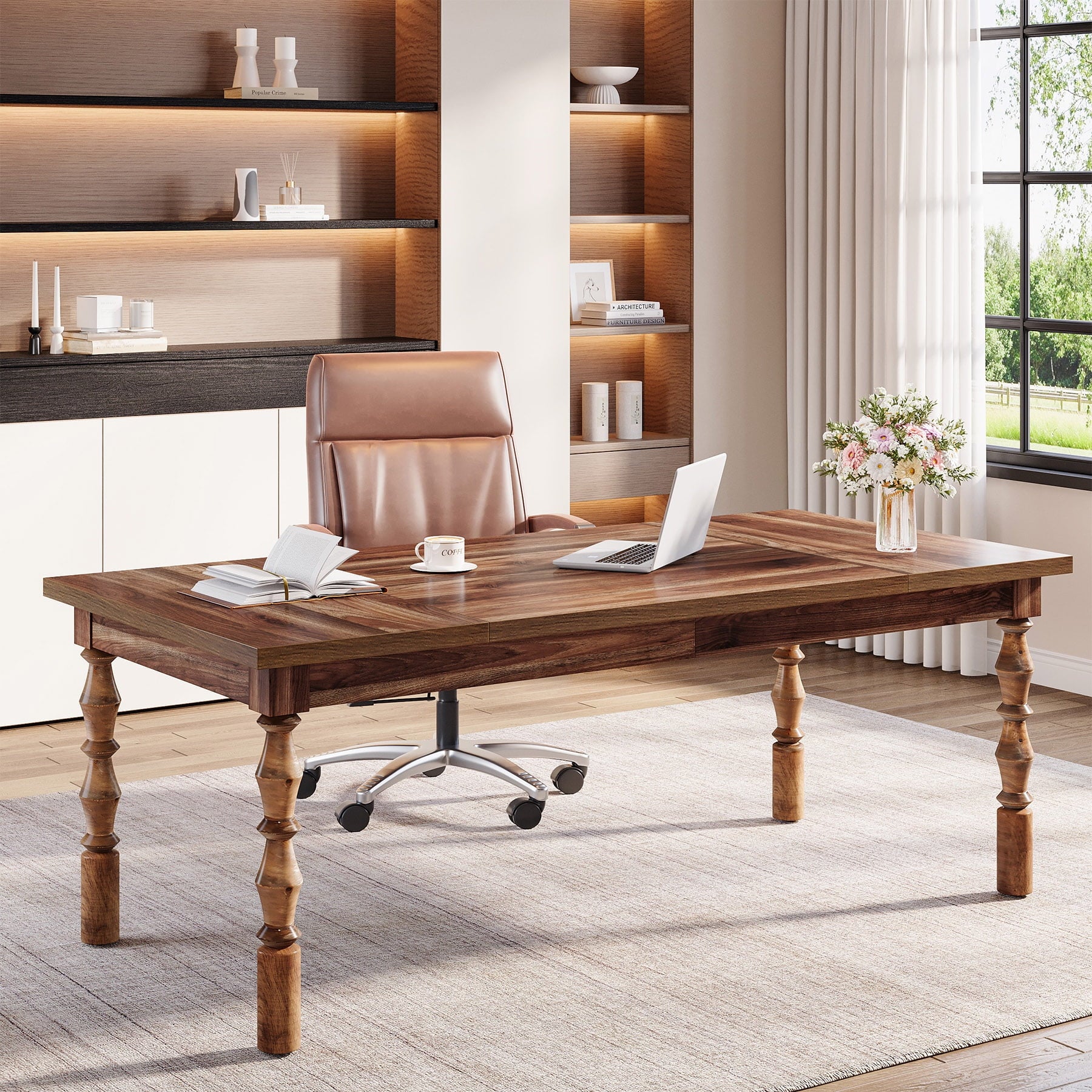 Tribesigns 62.2-Inch Large Wood Executive Desk, Farmhouse Style Writing/Study Table, Business Office Workstation Furniture with Carved Turned Legs, Walnut