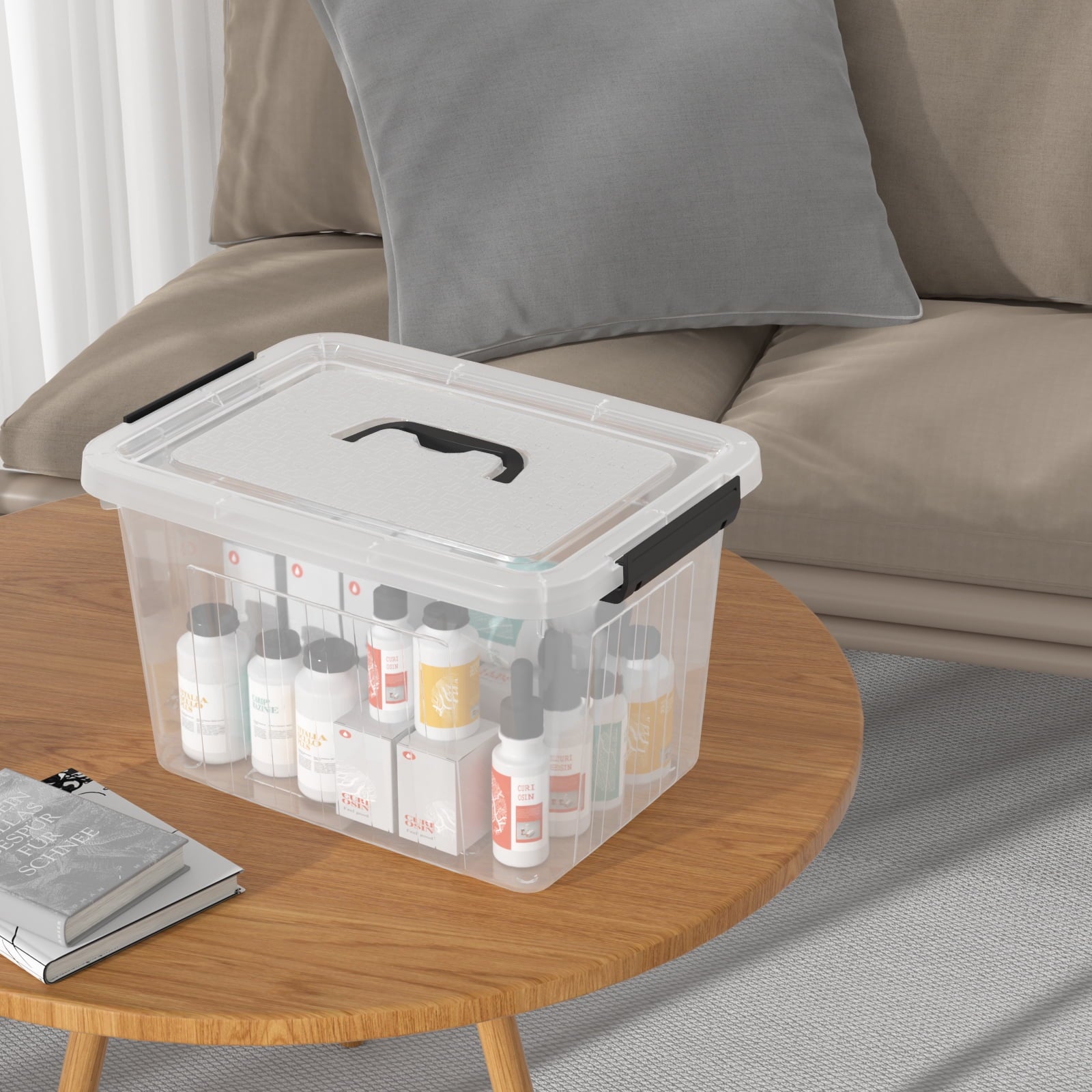 Ponpong 18L Large Plastic Storage Box, Clear Plastic Latch Box, 4 Pack